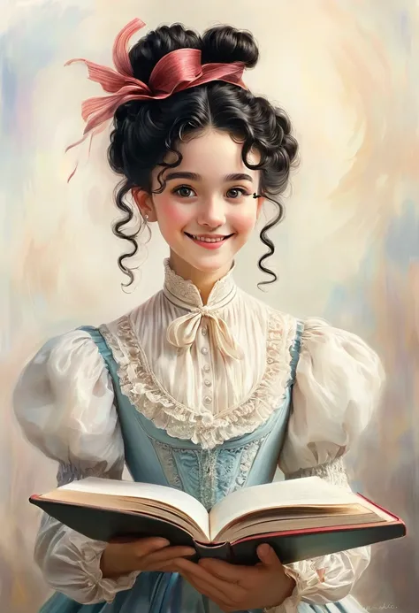 A colored pencil drawing of a pretty  smiling happy victorian governess, curly black hair. Kind and inteligent, joyful  energy. hair in bun, hat. book of poetry in hand.
