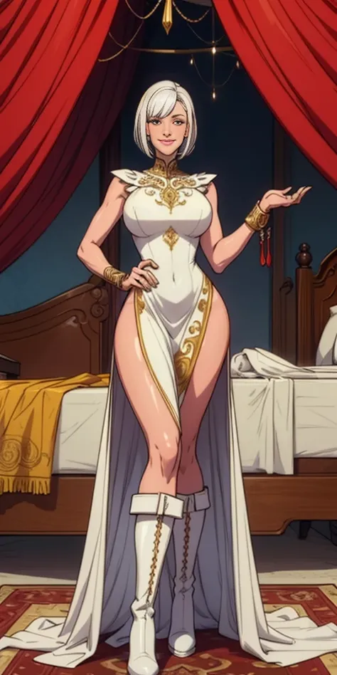 Setting: Royal bedroom - Grand, opulent, with rich fabrics and tapestries Character: Appearance: White hair - Short, styled in a sharp bob Full figure - Curvaceous Attire: High boots - Leather, reaching up the calves Elegant outfit - Befitting the royal se...