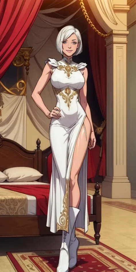 Setting: Royal bedroom - Grand, opulent, with rich fabrics and tapestries Character: Appearance: White hair - Short, styled in a sharp bob Full figure - Curvaceous Attire: High boots - Leather, reaching up the calves Elegant outfit - Befitting the royal se...