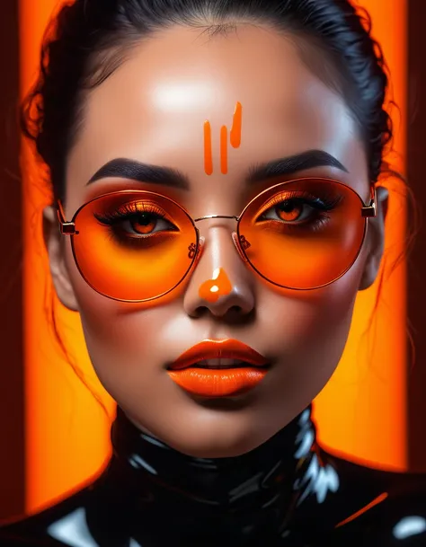 A full head image of a woman adorned with a black birthmark near her mouth and a glass shades, featuring beautiful digital artwork with red glowing skin, realistic digital art in 4K, seductive glowing sleepy orange eyes, and an 8K resolution. This stunning...