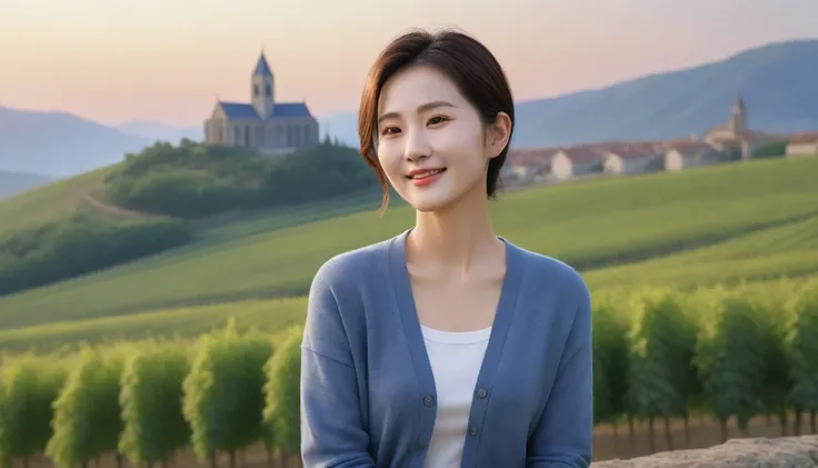 8k best picture quality, Beautiful 36-year-old Korean woman, Chest size 34 inches, Dawn in the French countryside, View of the cathedral next to the vineyards, The back background is realistic and vivid image quality, short medium hair,  Wear a shirt and c...