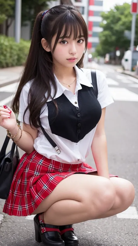 Japanese 18 year old high school girl、White shirt、Red checkered mini skirt、Crouching