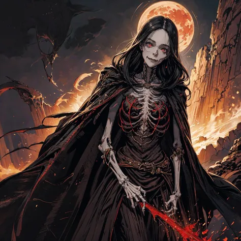 best quality, 4K, high resolution, masterpiece:1.2, Very detailed, actual:1.37, Mood lighting, Female undead lich in a long cape, Half face is normal flesh but another half face is skull, Hand and arm has no flesh but only skeleton bones, Wearing a ragged ...