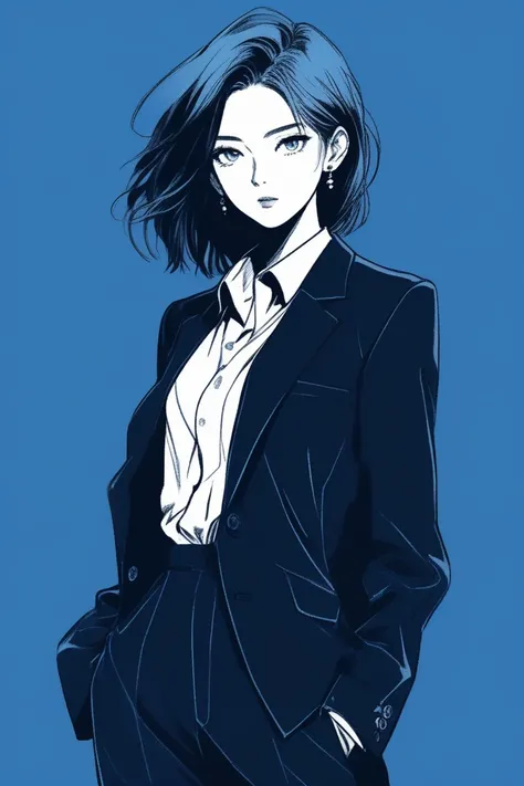 (best quality, sketch:1.2),realistic,illustrator,anime,1 girl, be flat-chested boyish girl, Androgynous, suits, custom, black and blue gradient background, textured cropping, masterpiece, noir style , Japanese style, anime style 4 k