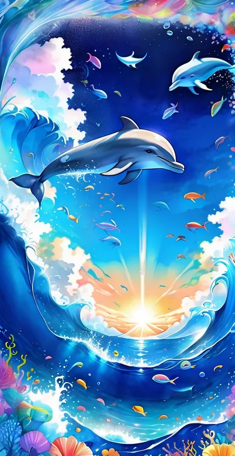 A picture of a dolphin swimming in a colorful sea, Look up the composition，Light blue long hair、Beautiful girl with twin tails、Whale in the Sky, Inspired by Cyril Rolland, Dreamy psychedelic anime, Colorful anime movie background, Beautiful artwork illustr...