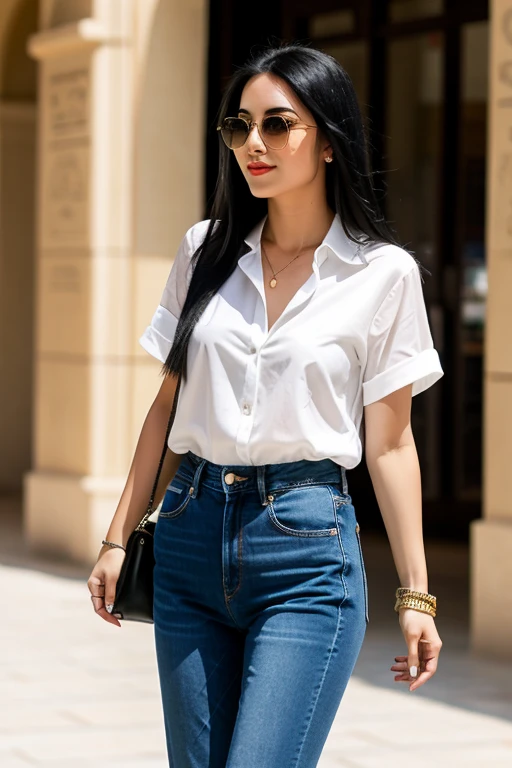 Woman white skin very long straight black hair ,   with denim pants and Mexican blouse sunglasses in Dubai