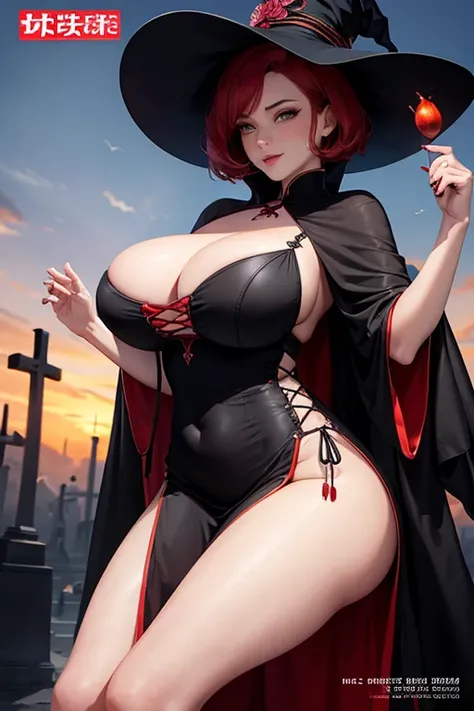 magazine cover, witch with big breasts, sexy pose, sexy china dress, short red hair in a dark cemetery