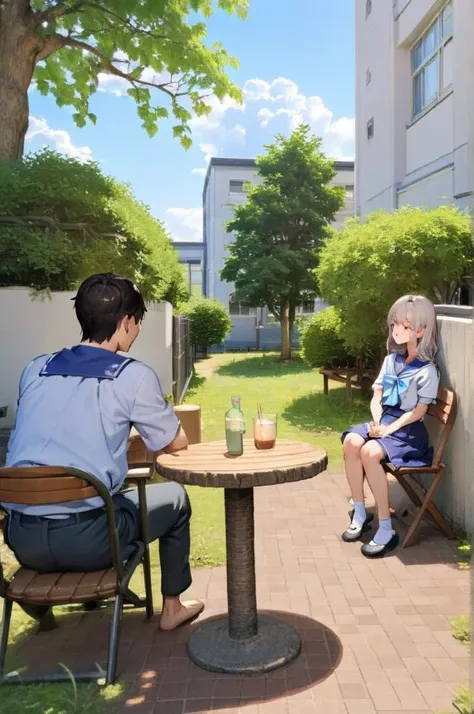 boy and girl,couple,sailor uniform girl,white shirt,blue collar girl,talking,happy,human focus,close up,nakaniwa,tree,outdoors, ...