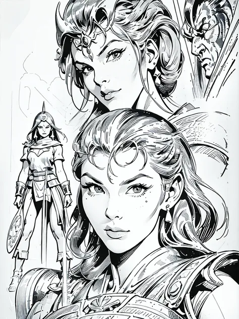 (((pencil continuous line drawing:1.2))), knight female , insane armor, strong below, sharp features and intense gaze, almond big eye, drawing is incredibly detailed, intricate details meticulously, illustration in Buscema drawing style;beautiful female,sp...