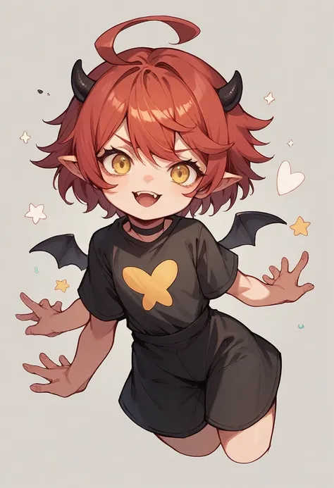 Cupid, short red hair, yellow eyes, small horns, little wings, black clothes 