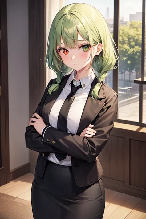 1girl, solo, medium hair, looking at viewer, bangs, skirt, shirt, brown eyes, long sleeves, braids, standing, jacket, white shirt, green hair, necktie, collared shirt, indoors, black skirt, uniform, black jacket, window, low twintails, heterochromia, chair...