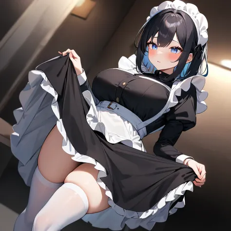 1girl,black hair,light blue eyes,blackdress,big breast,maidapron,(White mob cap),puffy_sleeves,maid_apron, belt,thighhighs,masterpiece, best quality, very aesthetic, absurdres,(lift:1.5)