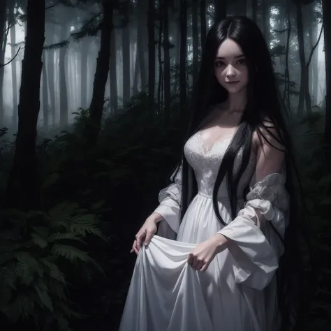 ghostly female figure with an unnaturally wide, creepy grin and completely black eyes. The figure has long dark hair and is wearing a white dress or gown. The background suggests a forest setting with blurred foliage