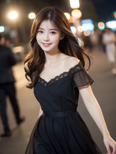 ((best quality, 8k, masterpiece :1.3)), 1 girl, smiling, whole body, face slimming, pretty Woman, (Dark brown hair), full length dress :1.1, Super detailed faces, delicate eyes, double eyelids, blurred background, face slimming, City, external, street,