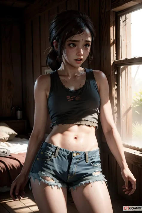 girl, summer, sweaty, short shorts, nerdy, tank top, tlou, torn clothes