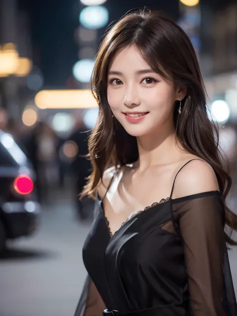 ((best quality, 8k, masterpiece :1.3)), 1 girl, smiling, whole body, face slimming, pretty Woman, (Dark brown hair), full length dress :1.1, Super detailed faces, delicate eyes, double eyelids, blurred background, face slimming, City, external, street,