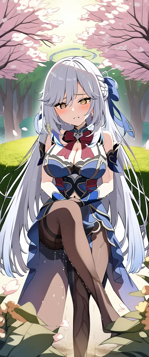 (masterpiece:1.37), Highest quality, (Very detailed:1.37), (One Girl:1.5), woman, (mature:1.5), (Adult:1.5), jingliu, Gray Hair, Long Hair, ponytail, Hair Ribbon, Red eyes, Earrings, jewelry, dress, pantyhose, (Pelvic Curtain:1.5), (Very detailed eyes:1.37...