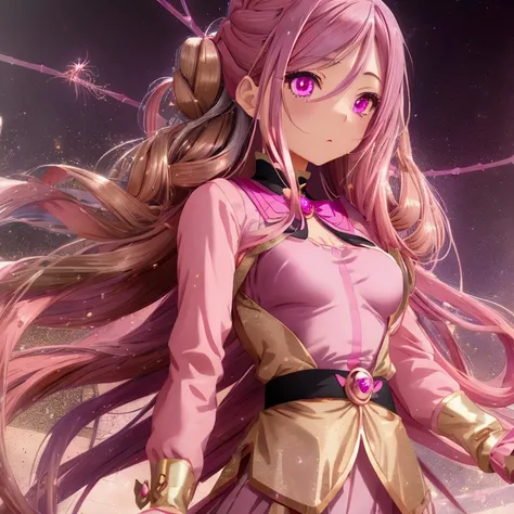 Anime-style girl with (((deep magenta eyes and long, wavy pink hair))) ((styled in an elegant French braid)). (((She is slender, and , with small breasts))). wearing a (((pink, gold, and rose gold color magical girl-themed outfit.))) ((The outfit features ...