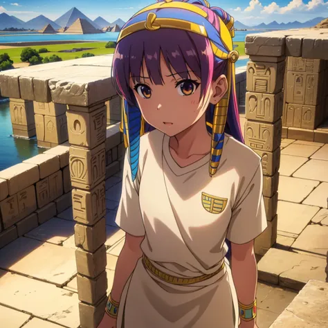 かわいいancient egyptの15歳の女の子、ancient egypt、view of the nile、a colorful view of the whole、whole body、low - angle、standing posture、re...