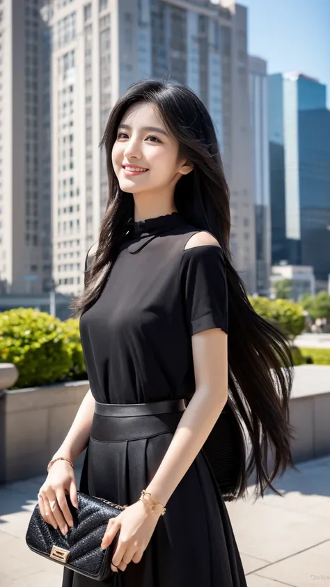 A beautiful, 18-year-old girl, realistic, ultra-detailed, 8K resolution, ray-traced, CG Unity wallpaper, masterpiece, 51" height, long straight silky jet black hair with blunt bags, city background, stylish blouse and long skirt, Sheng-hai, beautiful smile...