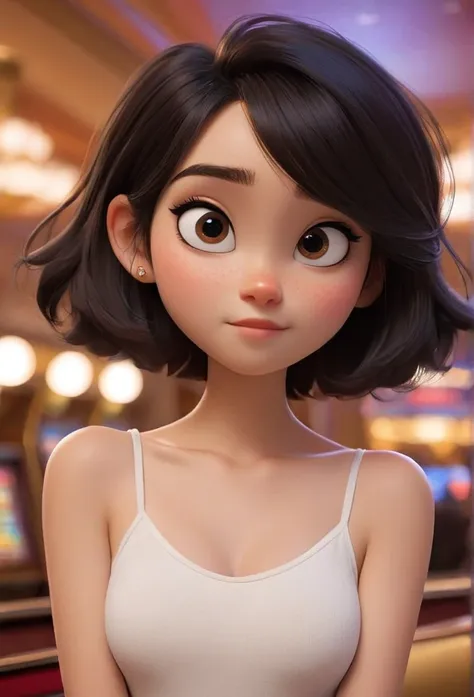 (disney pixar style:1.2) (cute adorable girl:1.15) (20 year old adult:1.15)  bblack hair ,short hair to the shoulders ,small bre...