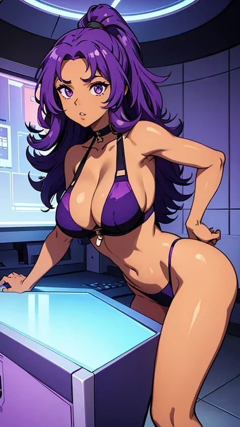 Girl with tanned skin and futuristic curly purple hair
