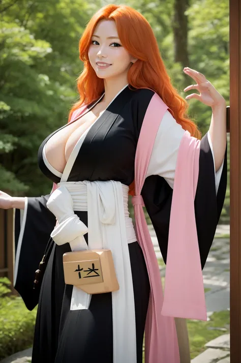 masterpiece, best quality, matsumoto rangiku, long hair, black kimono, cleavage,ginger hair,pink sash, huge breasts, looking at viewer, portrait, hands to hips, forest,1girl, solo,smile, photograph,