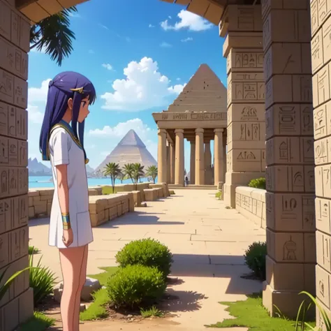 かわいいancient egyptの15歳の女の子、ancient egypt、view of the nile、a colorful view of the whole、whole body、low - angle、standing posture、re...