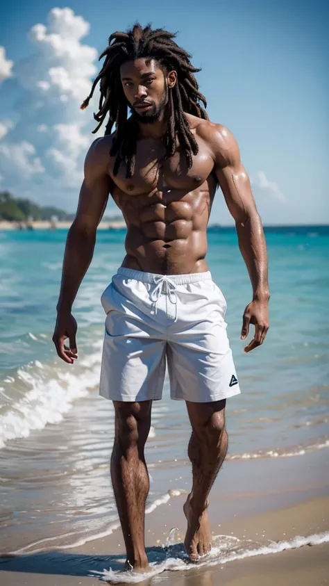 Black man with a visibly fit, defined physique , Rastafarian hair with dreads  , wearing no shirt , with wet white swim trunks , coming out of the water on the beach 