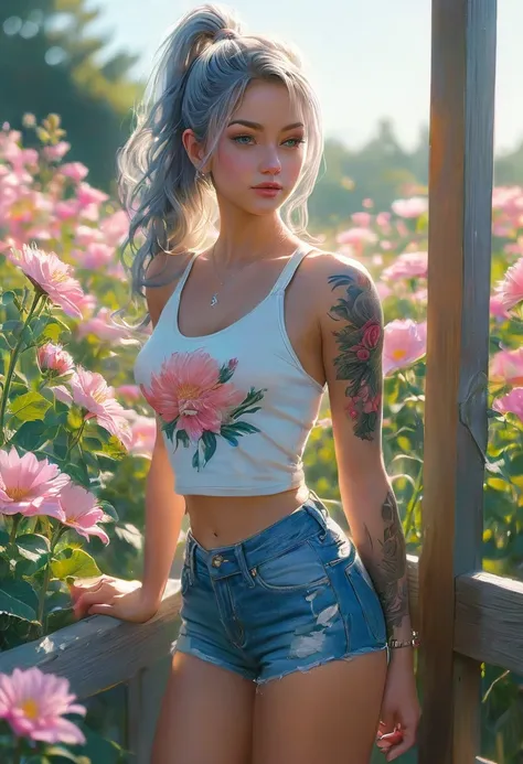 A colored pencil drawing of a, 1girl, solo, ponytail grey hair, crop top, short tight jeans, parted lips, blush, night, flowers, sun, sunlight, very muscular, large breast, walking in the farm, tattoos in the arms, necklace, shy, white sneakers,
