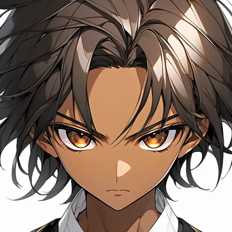 Ilustration anime (clear image) (image for model) face of a young boy dark skin dark hair, Latin American traits, Brown eyes, serious countenance(sharp image, detailed) white background color.