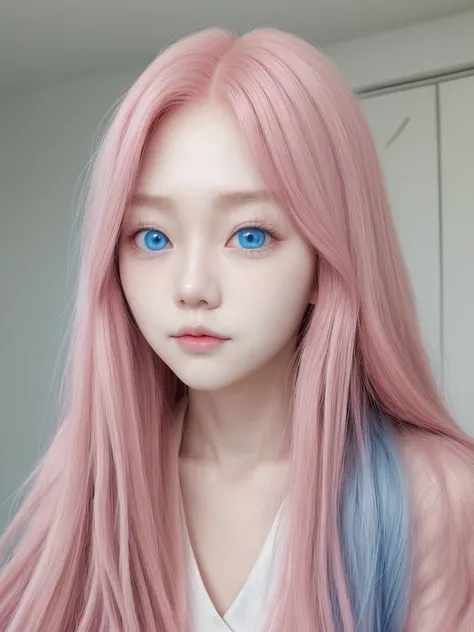 Korean face with long pink hair blue eyes