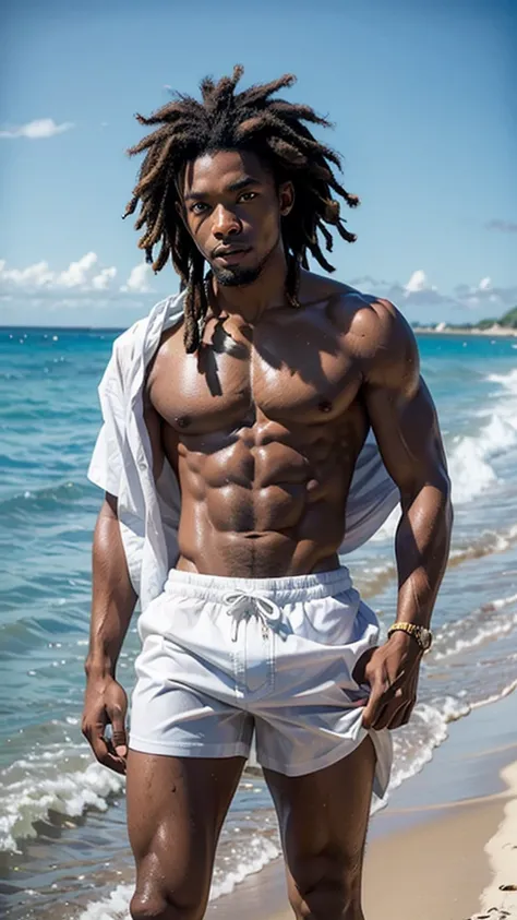 Black man with a visibly fit, defined physique , Rastafarian hair ,Jamaican  , wearing no shirt , with wet white swim trunks , coming out of the water on the beach , obra-prima 