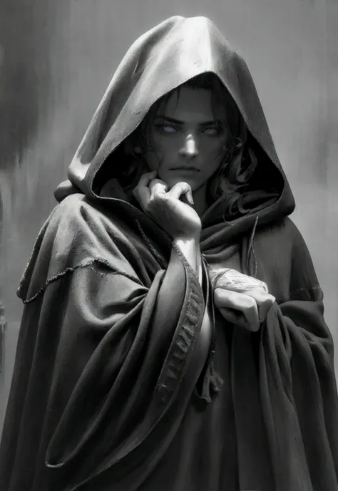 a man in a hooded cloak, detailed facial features, piercing eyes, chiseled jawline, brooding expression, medieval fantasy, cinematic lighting, dramatic atmosphere, (best quality,8k,highres,masterpiece:1.2),ultra-detailed,(realistic,photorealistic,photo-rea...