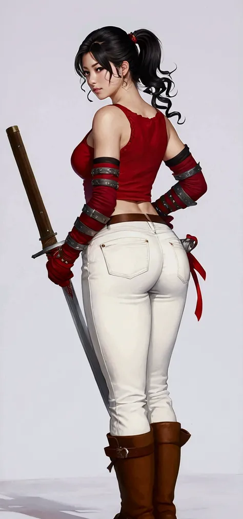 (Masterpiece), realistic art, 1girl, black hair, ponytail,red tank top, white skinny pants, from behind, looking back,brown elbow gloves, brown boots, sword,hand on hip 