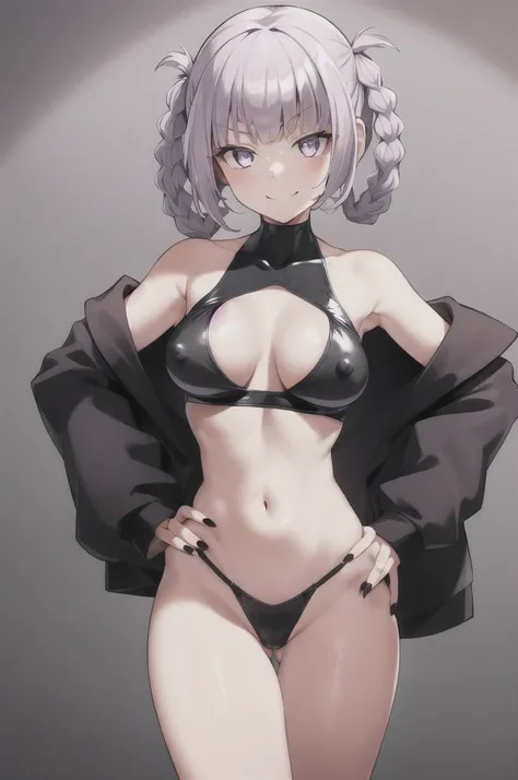 nanakusa nazuna,

1girl, bangs, bare shoulders, black nails, braid, breasts, cleavage cutout, clothing cutout, groin, hair rings, hand on hip, hand up, jacket, light purple hair, long sleeves, looking at viewer, nail polish, navel, open clothes, open jacke...