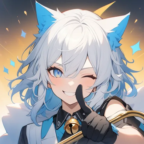 1 girl with short white hair，Cat ear,{employment (Genshin Impact)},Solitary,Smile, trumpet,{Blue Hair},bell,only_Shoulder,Black_Gloves,point to at viewer, Close one eye, Looking at the audience, Solitary, White hair, Shut up, Bangs, background, point to, F...