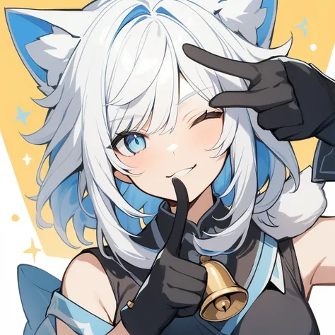 1 girl with short white hair，Cat ear,{employment (Genshin Impact)},Solitary,Smile, trumpet,{Blue Hair},bell,only_Shoulder,Black_Gloves,point to at viewer, Close one eye, Looking at the audience, Solitary, White hair, Shut up, Bangs, background, point to, F...