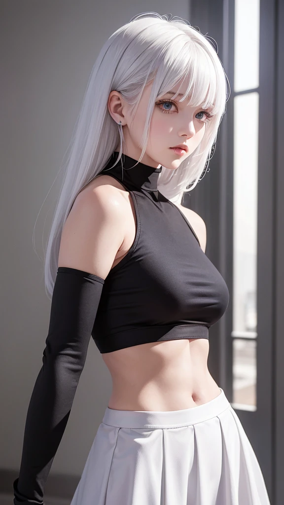 girl with white hair,with bangs, black gloves, purple clothes,cropped top, skirt,4K, masterpiece, perfect body, stem,perfect eyes, with a soft look,perfect shading, perfect lighting, best quality, work of art, ultra detailed, detailed clothing