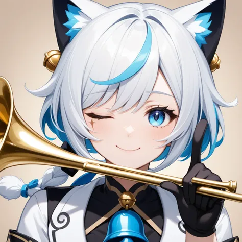 1 girl with short white hair，Cat ear,{employment (Genshin Impact)},Solitary,Smile, trumpet,{Blue Hair},bell,only_Shoulder,Black_Gloves,point to at viewer, Close one eye, Looking at the audience, Solitary, White hair, Shut up, Bangs, background, point to, F...