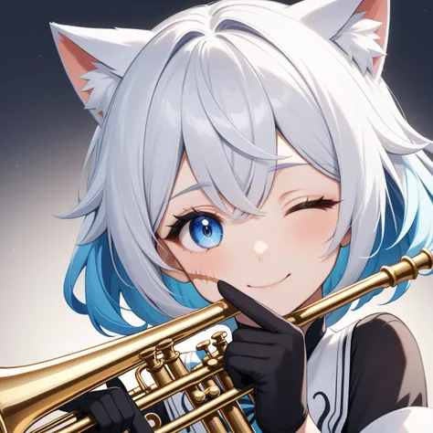 1 girl with short white hair，Cat ear,{employment (Genshin Impact)},Solitary,Smile, trumpet,{Blue Hair},bell,only_Shoulder,Black_Gloves,point to at viewer, Close one eye, Looking at the audience, Solitary, White hair, Shut up, Bangs, background, point to, F...