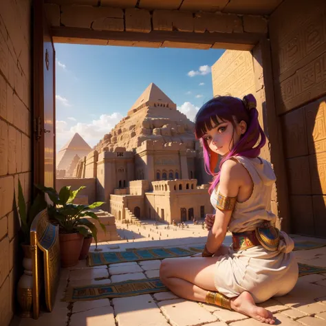 Cute Ancient Egyptian Girl、A hill overlooking the colorful temples of ancient Egypt、A colorful view of the whole city