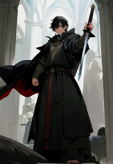 a man in a cloak with black hair, holding a sword