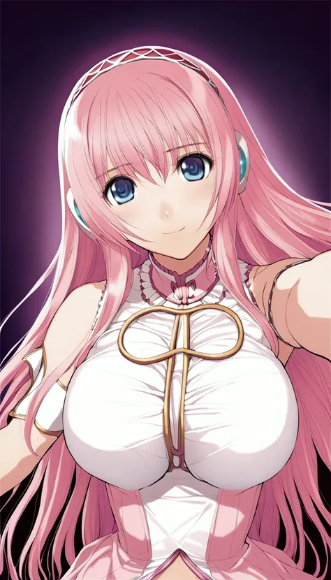 masterpiece ,megurine luka,e cup breasts,pink long hair,blue eyes,smile,first-person view,