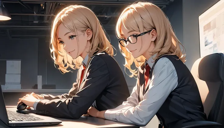 Office workers working on a computer,Portraiture,Professional,Wearing a smart suit,Stylish glasses,Typing on a sleek laptop,Use a wireless mouse,Sitting at a modern desk,A soft smile,Soft natural light,High resolution,High resolution,Very detailed.One Woma...