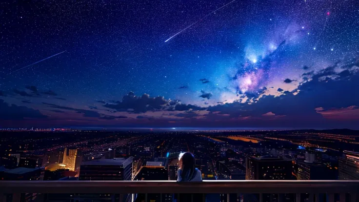 Octane, null, star (null), scenery, starry null, night, One Girl, night null, alone, Outdoor, building, cloud, milky way, Sitting, wood, Long Hair, city, silhouette, cityscape