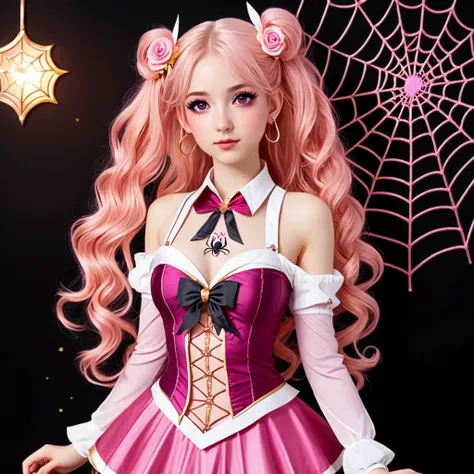 girl with (((deep magenta eyes and long, wavy pink hair))) ((styled in an elegant French braid)). (((She is slender, and , with small breasts))). wearing a (((pink, gold, and rose gold color magical girl-themed outfit.))) ((The outfit features a spider and...