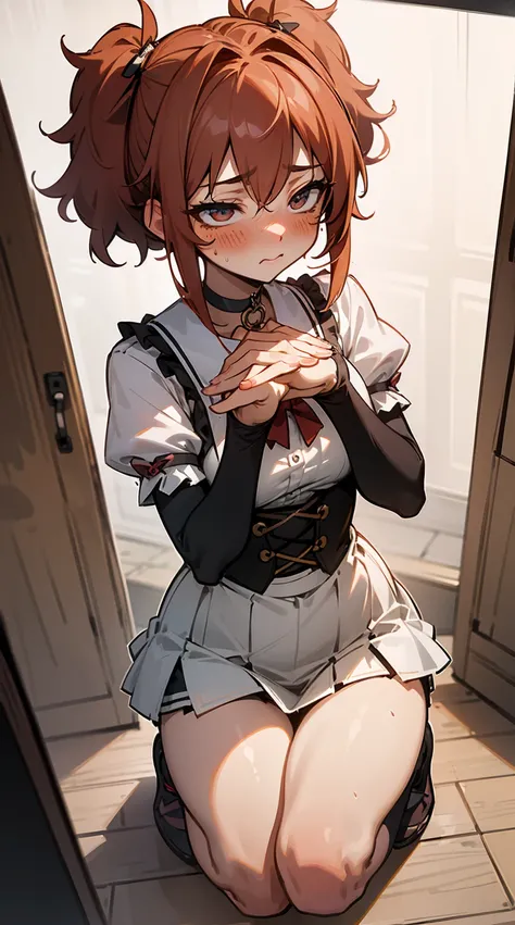 (masterpiece, best quality) (((8kbestqualitty))), ((intricatedetail)) ((blushing)),wet, sweaty, fair skin, redhead hair, short wavy hair, waifu freckles, ((submissive eyes)),choker, slutty woman nsfw outfit, ((messy hair)), short skirt, fishnet thighs,, be...