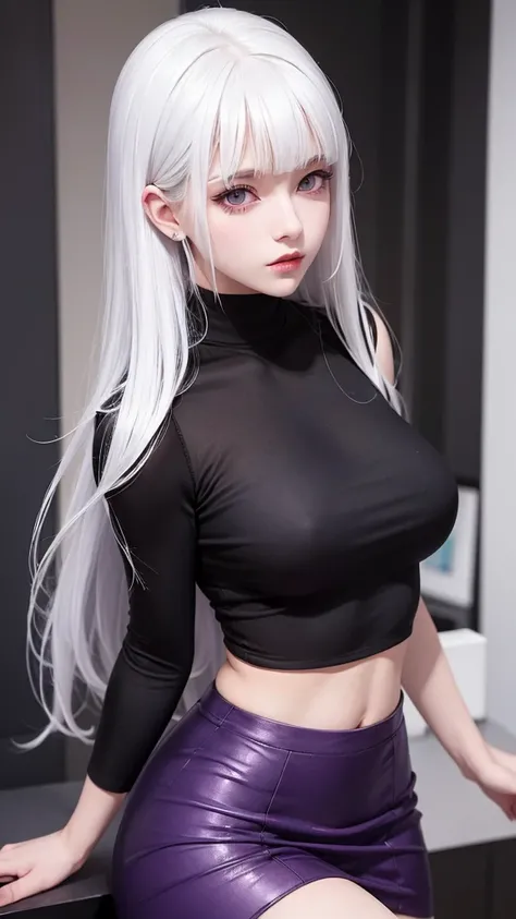 girl with white hair,with bangs, black gloves, purple clothes,cropped top, skirt,4K, masterpiece, perfect body, stem,perfect eyes, with a soft look,perfect shading, perfect lighting, best quality, work of art, ultra detailed, detailed clothing