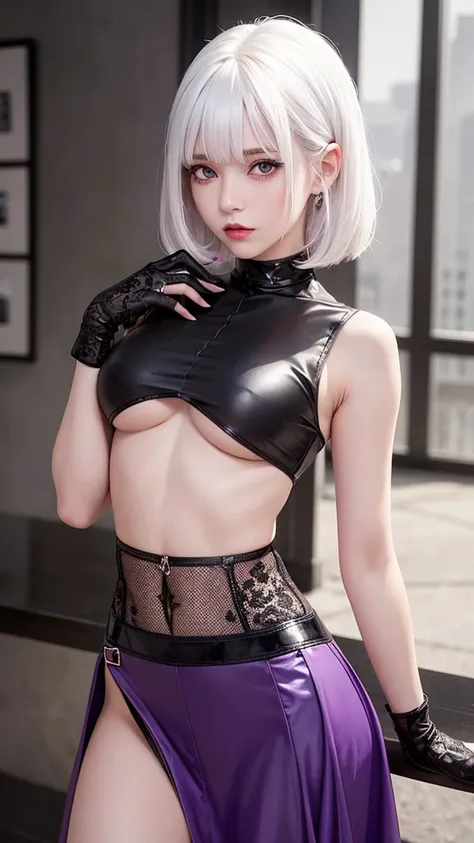 girl with white hair,with bangs, black gloves, purple clothes,cropped top, skirt,4K, masterpiece, perfect body, stem,perfect eyes, with a soft look,perfect shading, perfect lighting, best quality, work of art, ultra detailed, detailed clothing